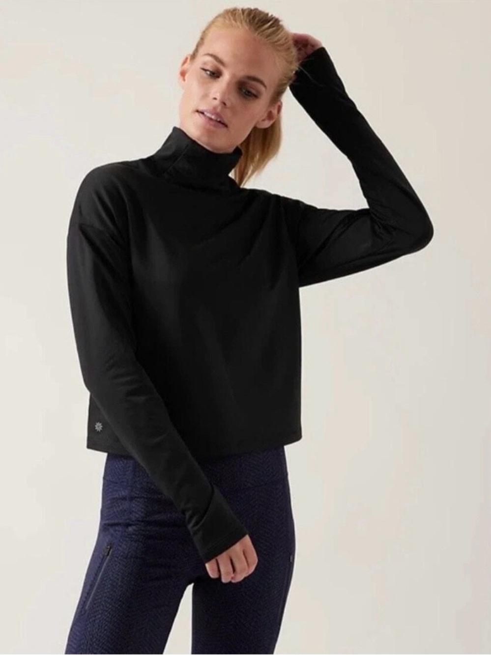 Athleta Whistler Mock Neck Long Sleeve Cropped Black Top